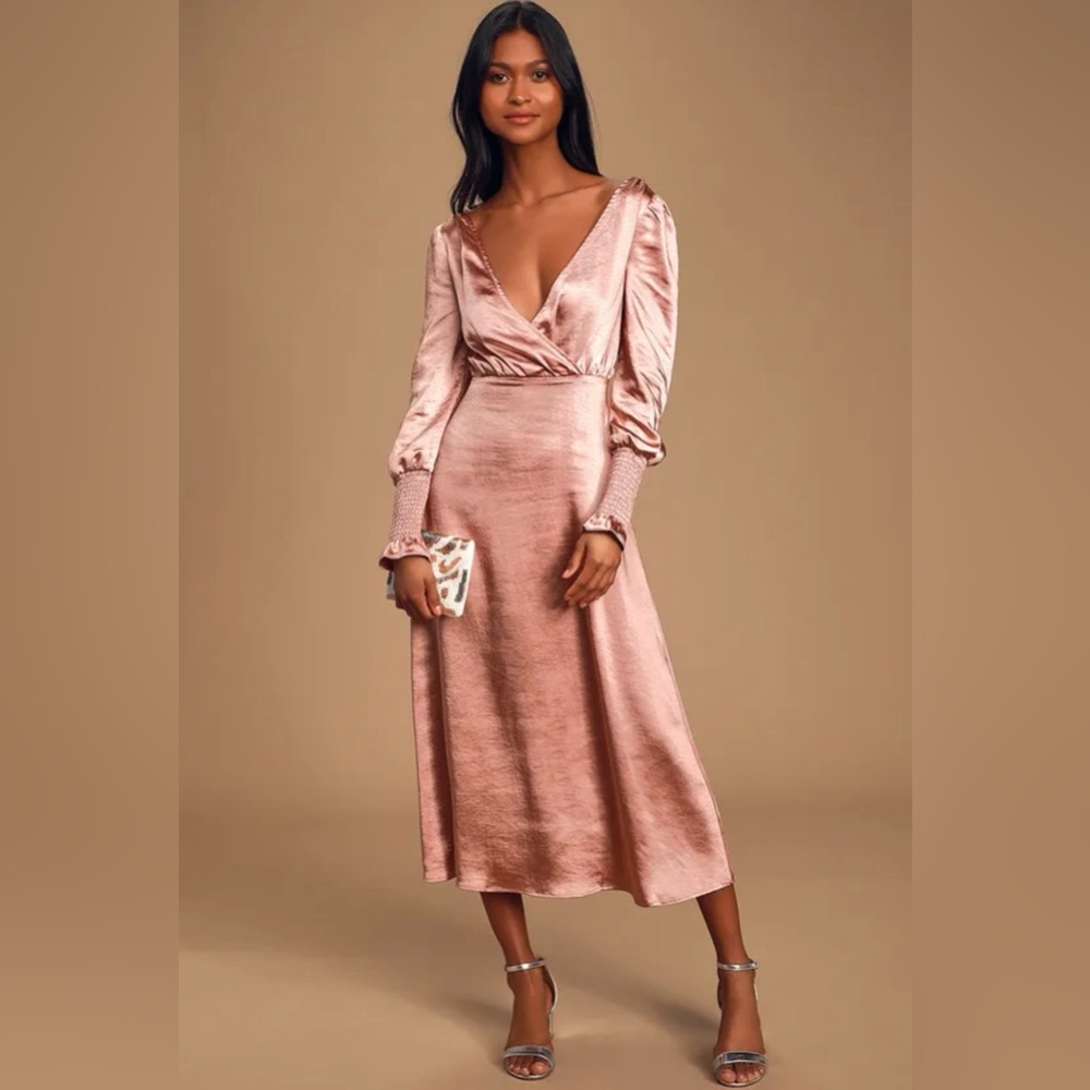 NWT Lulus Elegant Occasion Mauve Pink Satin Open Back Backless Midi Dress XS-S